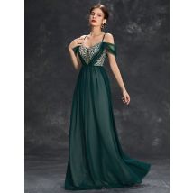 Mgiacy V-Ausschnitt Pailletten Ausschnitt Mesh Plissee Chiffon ein voller Rock Abendkleid Ballkleid Party kleid