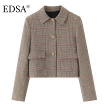 EDSA Kurzer Damen-Blazer mit Hahnentrittmuster und Schulterpolstern, einreihige Pattentaschen für Bürodamenmantel, Oberbekleidung
