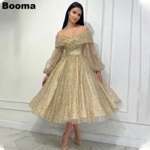 Booma Glänzende Midi-Abschlussballkleider, schulterfrei, Puffärmel, Heimkehr-Partykleid für Frauen, Ballkleid, formelles Abendkleid, individuell anpassbar