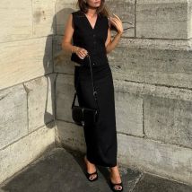 2024 lässige schwarze Baumwolle Hanf Sets Damen 2 Stück lässige ärmellose Tanktops mit V-Ausschnitt und einfache gerade Röcke Set Streetwear