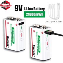 Batteria ricaricabile agli ioni di litio da 9 V di tipo C 21800 mWh ad alta capacità per pedale rilevatore di fumo per microfono per chitarra con cavo
