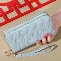 Portafoglio lungo alla moda in tinta unita, portamonete con pochette con doppia cerniera, portacarte da donna in ecopelle con cinturino
