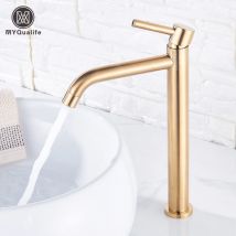 Hoher, gebürsteter, goldener Waschbecken-Wasserhahn für Badezimmer, Waschbecken, Wasser-Mischbatterie, heißes und kaltes Wasser, Waschbecken-Kran, an Deck montierter Badezimmer-Wasserhahn
