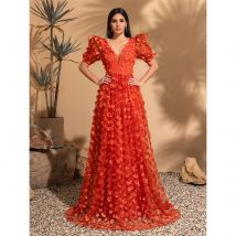 Brautkleid mit V-Ausschnitt, Puffärmeln und Netzapplikationen, Partykleid