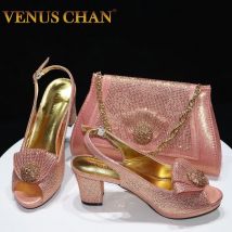 Venus Chan Neuestes Damen-Set aus Schuhen und Taschen mit dünnen Absätzen, verziert mit Strasssteinen in Pfirsichfarbe für Damen, Party-Pumps