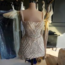 Luxury Full Crystals Champagne Cocktail Dress Sexy Spaghetti Strap Beads Short Prom Party Dress Customized Mini Homecoming 2025