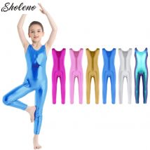 Ragazze lucido metallizzato unitard un pezzo senza maniche lucido balletto danza ginnastica body tuta tuta bambini dancewear