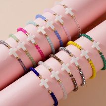 Go2boho-Pulseras con cuentas de cristal para hombre y mujer, joyería elástica hecha a mano, sanación, suerte, Concha, Cruz, regalos de moda