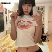 Karrram coreano moda coniglio stampa Crop Top Kpop Kawaii manica corta t-Shirt Fairycore Cute Bunny Tee Shirt Sweet Streetwear