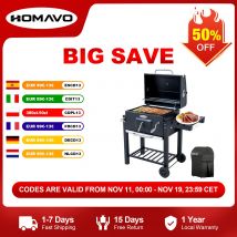 HOMAVO Barbecue a Carbonella, Superficie cottura: 56×42,5 cm, Vassoio Carbone Regolabile in Altezza, Tavolino Laterale Pieghevole, Termometro, Con Copertura Barbecue da Esterno
