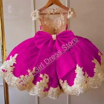 Rose Red Flower Girl Dress Gold Floral Appliques Bow Detail Children's Birthday Communion Banquet Gown For Wedding