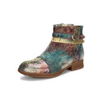 3.5cm PU Booties for Women Print Ethnic Autumn Spring Fashion Winter Plush Comfy Flats Ankle Mid Calf Boots Leather Shoes