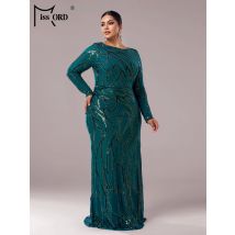 Missord Plus Size Neues Abendkleid im Meerjungfrau-Stil mit Rundhalsausschnitt und langen Ärmeln und Pailletten für formelle Anlässe, bodenlanges Abschluss-Cocktailkleid