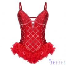 Womens Ballet Leotard Dress Shiny Rhinestone Feather Deep V-Neck Adjustable Spaghetti Straps Strappy Bodysuit for Performance