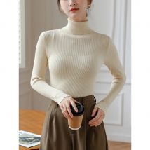 2025 Autumn Winter Mock Neck Women Sweater Vintage Basic Solid Knitted Tops Casual Slim Pullover Korean Simple Chic Jumpers