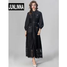 Junlinna modische Frauen Party Runway Kleider Herbst Winter Spitze Patchwork Turn-Down Kragen Hüftgurt abnehmen Vestidos Porket