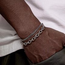 Stapelbare kubanische Gliederkettenarmbänder aus Edelstahl von Punk Rock für Männer und Frauen, rechteckiges Büroklammer-Kettenarmband-Set