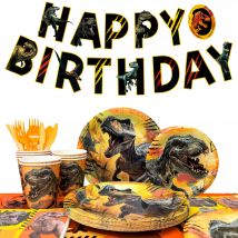 Stoviglie per decorazioni di compleanno Jurassic World, set di decorazioni per feste da 127 pezzi, piatti per feste a tema dinosauro, tazze, tovaglioli, banner, ecc.