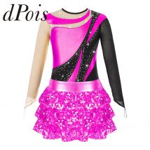 Kinder Mädchen Langarm Gymnastik Trikot mit glänzenden Pailletten Rocked Shorts Teenager Eiskunstlauf Overall Ballett Tanz Outfits