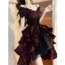 Gothic Lolita Schwarz und Rot Jacquard Welle Kleid Frühling Sommer Neue Schwere Licht Luxus Off-schulter Cosplay Flauschigen prinzessin Kleid