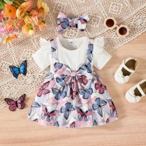 2-teiliges Sommerkleid für Babys, Mädchen, wunderschönes Kleid mit Schmetterlingsdruck + Stirnband, geeignet für 0–24 Monate alte, lebendige und niedliche kleine Mädchen