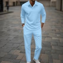 Lässiger Jacquard-Street-Sportanzug für Herren, modisches, einfarbiges POLO-Shirt mit Kragen + Slim-Fit-Hose mit Kordelzug