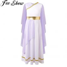 Kids Child Grecian Toga Costume Girls Roman Greek Sleeveless Flowy Tulle Gown Dress Halloween Cosplay Party Performance Costume