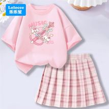Trendiges Schuloutfit für Mädchen – T-Shirt mit Cartoon-Musik-Gitarre-Kaninchen-Aufdruck + karierter Rock, zweiteiliges Set, Kleidungsset für Teenager-Mädchen