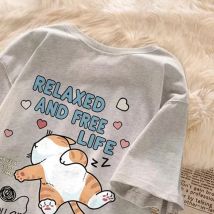Nette Cartoon Faule Katze Brief Drucken Sommer Paar Kurzarm T-shirt Lose Beiläufige frauen Top