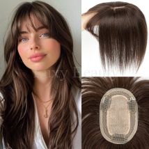 Brauner Echthaar-Topper mit Pony für Frauen, 8 cm x 12 cm, schwarze Highlights, blonde Haut, Kopfhaut-Clip-in-Topper, Haarteile, Echthaar