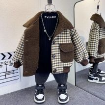 Mädchen Kinder kleidung Fleece Plaid Einreiher Jacke 2024 New Boy Herbst Winter jacke Baby koreanische einteilige Fleece Top