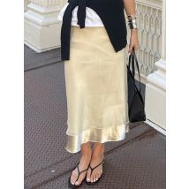 Trendix Gold Satin Midi Skirt For Women Street High Waist Patchwork Mesh Long Skirt Femme 2025 Winter Party Club Sexy Slim Skirt