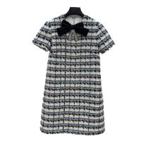 Vintage black and white contrasting knitted tweed dress elegant women's sequin embroidered round neck short sleeved dress
