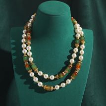 Vintage Perlenschmuck für Frauen Lange geschichtete Halskette Braut Grün Naturglas Strang Perlen Luxus Hochzeitskleid Zubehör