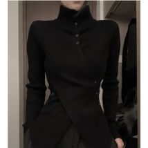 Deeptown Harajuku Black Turtleneck Women Sweaters Criss Cross Irregular Korean Fashion Button Knit Pullovers Slim Warm Aesthetic