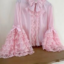 Süße Lolita-Bluse mit Prinzessinnenärmeln, Kawaii-Spitzenbesatz, JSK-Unterkleid, rosa und weißes viktorianisches Hemd im Puppenstil für OP-Kleid