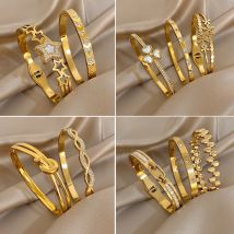 316L Edelstahl Intarsien Zirkon Stern Twisted Blume Manschette Armband Armreif Für Frauen Männer Neue Wasserdichte Stapelbare Charme Schmuck