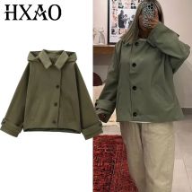 HXAO Female Windbreaker Outerwears Hood Cropped Jacket Women Solid Trench Coat Autumn Long Sleeve Demi-Season Casual Coats