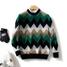 Men's 100% Merino Wool Soft Sweater O-neck Stripe Pullover Contrast Casual Knitting Jumper Thickened Autumn Winter Loose Top
