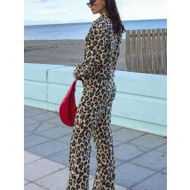 2024 frühling frauen Leopard Print Breite Bein Hosen Anzug Langarm Tasche Hemd + Hohe Taille Gerade Hosen Set streetwear