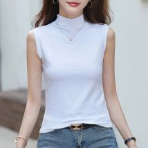 # 0267 sommer Rollkragen T Shirt Frauen Einfarbig Modale Ärmelloses T Shirt Weibliche Sexy Dünne Stretch Kurze frauen T Shirt