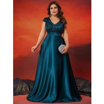 Plus Size Elegantes Abendkleid mit V-Ausschnitt und grünen Pailletten, lang, luxuriös, für Damen, Satin, kurze Ärmel, Party, Abschlussball, Cocktailkleid