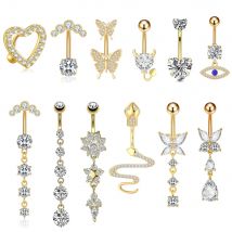 Gold Color Series Bauchnabelringe, 14 g, Schlangenblume, Herz, Kristall, Bauchring für Frauen, Edelstahl, baumelnder Nabelpiercing