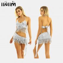 Glänzende Pailletten-Quasten für Damen, Bauch-Latin-Tanz-Performance-Kostüm, Neckholder, hinten, zum Binden, BH-Oberteil mit Hüfttuch, Wickelröcken