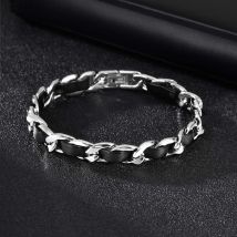 Men's Black Leather Chain Bracelets, Waterproof Stainless Steel Cuban Links Chain Wristband Gift Jewelry,pulseira masculina