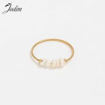 Joolim Jewelry High End PVD Wholesale No Fade Natural Freshwater Pearl Irregular Combination Stainless Steel Ring For Women