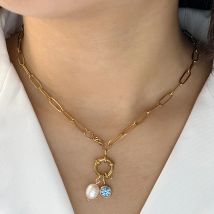 Damen-Halskette, goldene Halsband-Anhänger-Halskette für Frauen, Süßwasserperle 12, Geburtsstein-Anhänger, Edelstahl, Schmuck, Geschenk