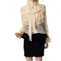 Amerikanischen Sexy Durchsichtig Top Langarm Gericht Chiffon Hemd Frühling Neue Stehkragen Volant Spice Mädchen Bluse Frauen