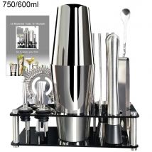 13-teiliges 750 ml 600 ml Cocktail-Shaker-Set, Bar-Werkzeuge aus Edelstahl mit schwarzem Ständer, 750 ml Shaker, Jigger, Löffel, Ausgießer