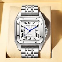 Top-Luxus-Santos-Tankuhr für Herren, vollautomatische mechanische Uhr, Skelett-Design, Schmetterlingsverschluss-Edelstahlarmband, hochwertige, kleine, quadratische Herrenuhr, modische